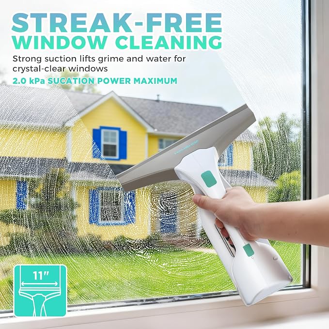 HAUSHOF Electric Window Vacuum Squeegee 11", 2000Pa Cordless Cleaner Set | Strong Suction;2 kPa Suction;Cordless Design;Multi-Surface Cleaning