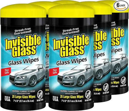 Invisible Glass 90166-6PK Large Glass Cleaning Wipes for Streak-Free Windows, Mirrors, and Glass, Lint-Free, Ammonia-Free, Tint-Safe, for Home and Auto, Canister, 28 Count (Pack of 6)