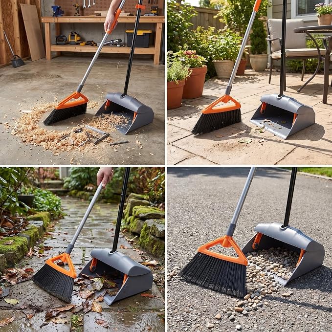 CLEANHOME Heavy Duty Broom with Dustpan Combo Set, Grey | Indoor and Outdoor,Stiff Bristle, Commercial Angle Broom and Standing Dust Pans, Long Handle ,for Sweeping Home,Kitchen,Yard
