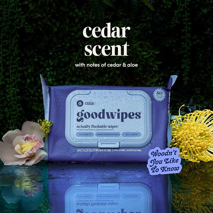 goodwipes Flushable Wipes - Cedar Wet Wipes for Adults, Sewer & Septic Safe, Guest Bathroom Essentials for Women & Men, pH Balanced & Extra Large, 153 Count (3 Packs and 3 Singles)