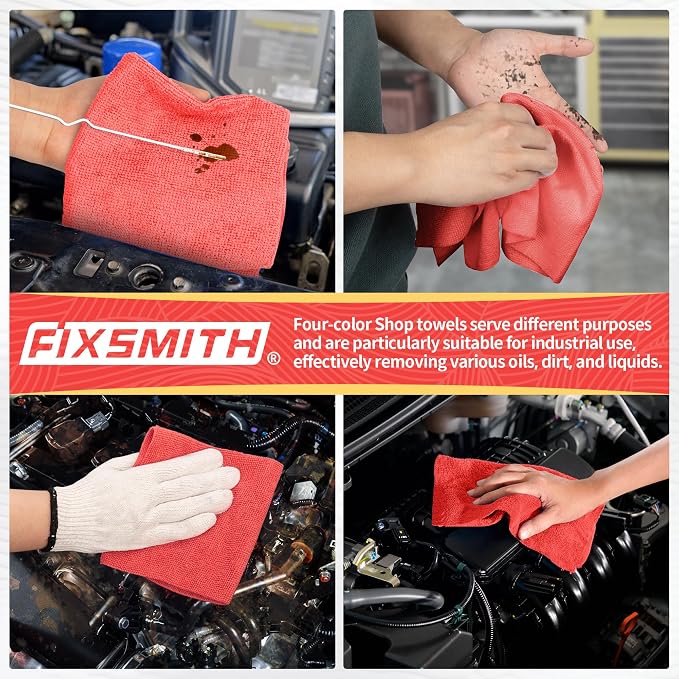 FIXSMITH Microfiber Cleaning Cloth, Shop Towels Bulk, 24 Pack Red Microfiber Towels for Cars, All-Purpose Absorbent Cleaning Rags, Dust Cloth for Automotive, Mechanic, Garage, Bar, 12 x 11 inch