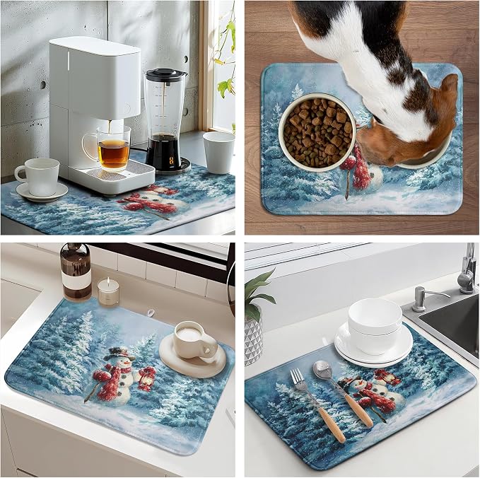 Winter Blue Snowman Dish Drying Mat Christmas Pine Tree Large Kitchen Mats Dish Drying Pad Xmas Absorbent Dish Dryer Mat for Kitchen Countertops Microfiber Drainer Pad Dish Drying Mats (18x24 in)