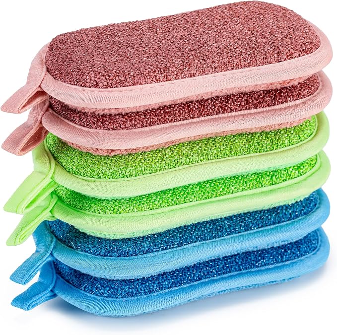 Dual-Sided Multi-Purpose Scrub Sponges, Non-Scratch Dishwashing Sponges for Kitchen, Reusable Microfiber Sponge for Efficiently Cleaning Dishes, High Density Sponge Inside (6 Pack, Medium 3 Color)