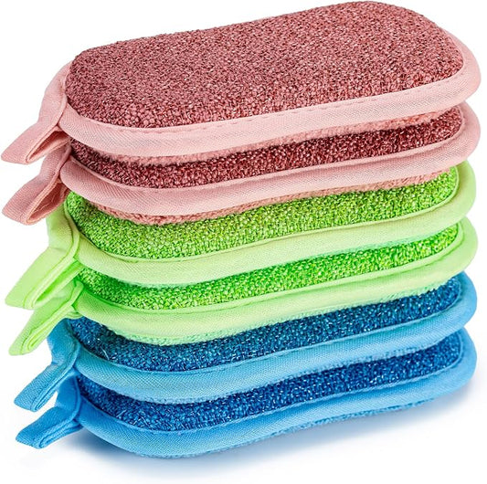 Dual-Sided Multi-Purpose Scrub Sponges, Non-Scratch Dishwashing Sponges for Kitchen, Reusable Microfiber Sponge for Efficiently Cleaning Dishes, High Density Sponge Inside (6 Pack, Medium 3 Color)