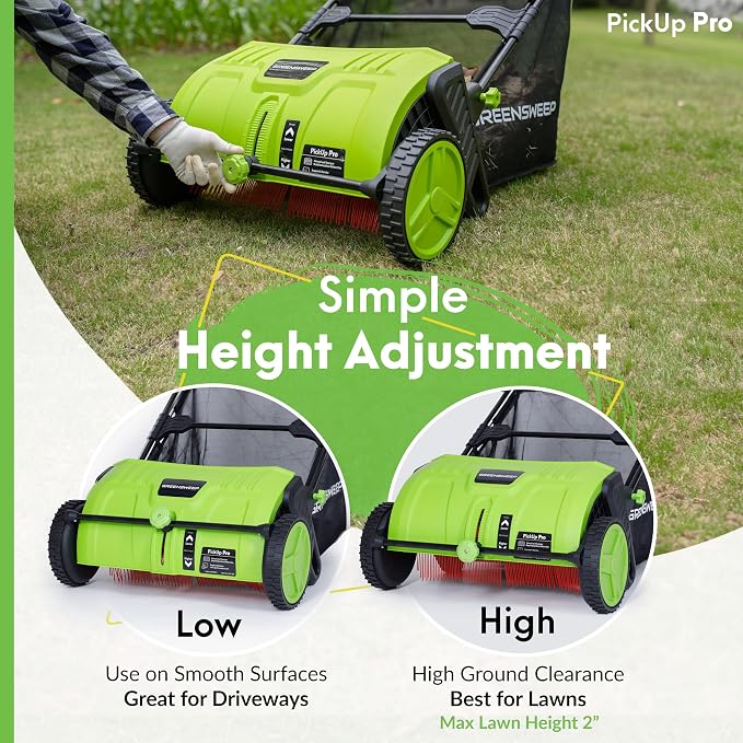 GreenSweep Pickup Pro V26 with AntiLock Drive – Push Lawn Sweeper for Leaves, Grass Clippings & Garden Debris – Large Capacity Hopper