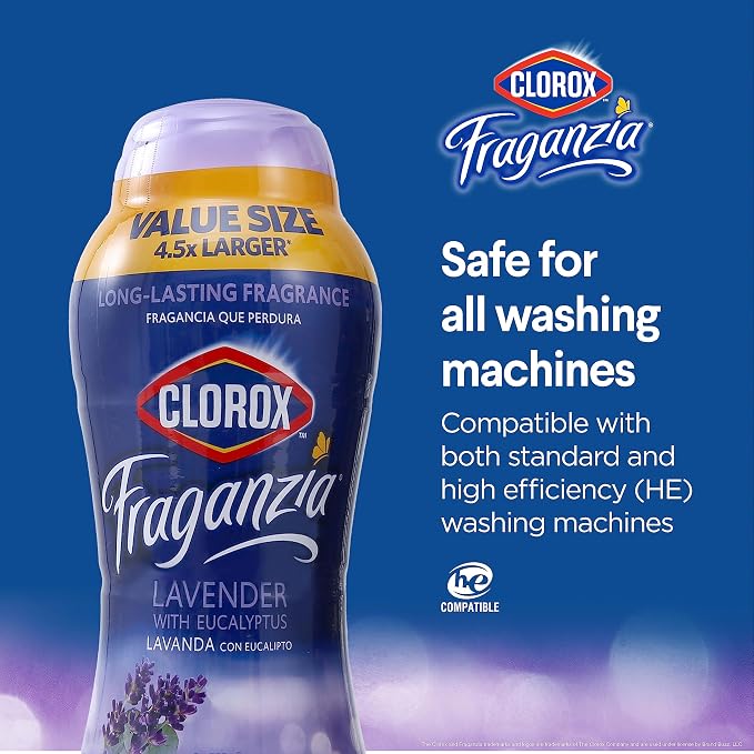Clorox Fraganzia Laundry Scent Booster Crystals, In-Wash Fragrance Beads for Fresh-Smelling Clothes & Linens, Safe for All Fabrics & Colors, Easy-Pour Bottle, Lavender with Eucalyptus, 70 Oz