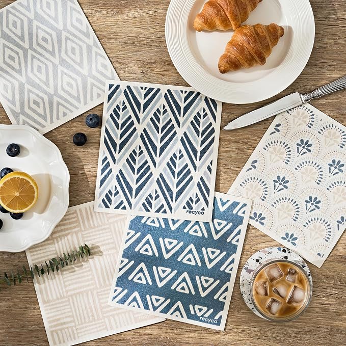 RECYCO Swedish Dishcloths for Kitchen | 5 Pack Boho Neutral Boho Washable Dish Rags | Cellulose Reusable Cleaning Paper Towels | Absorbent Counter Dish Cloth Sponge Kitchen Wipes, 8" L x 7" W