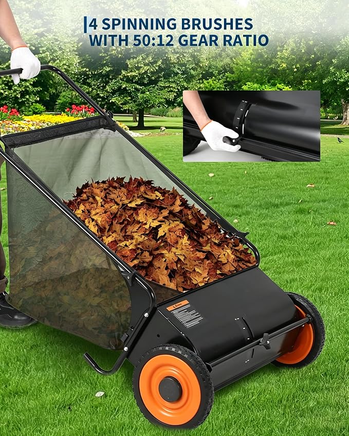 Garvee 26" Push Lawn Sweeper, 7 Cu. Ft. Hopper Capacity Grass Sweeper, Manual Push Yard Sweeper with Height Adjustment & 4 Spinning Brushes, Heavy Duty Lawn Sweeper with Steel Wheels, Black | Manual Push Yard Sweeper with Height Adjustment & 4 Spinning...
