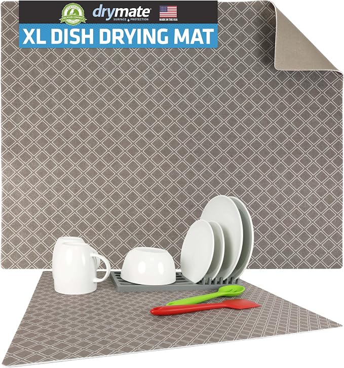 Drymate Jumbo XL Dish Drying Mat (19”x24”), Low-Profile, Super Absorbent, Quick Dry Fabric, Waterproof & Slip-Resistant, for Kitchen Counter, Trimmable, Easy to Clean (USA Made)(Taupe)