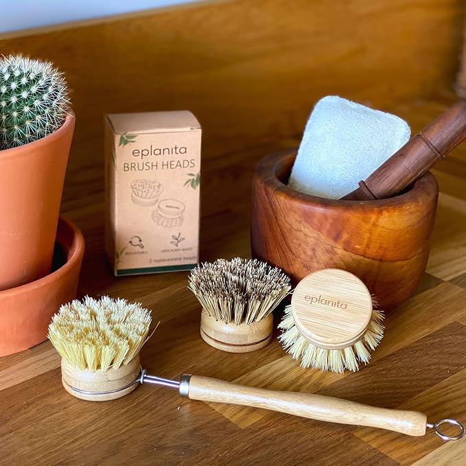 eplanita Replacement Brush Heads (Pack of 8) for Bamboo Dish Brush, Sisal Bristle Refills, Agave Cactus Fibres, Kitchen Eco Scrubber, Plastic Free Washing Up, Zero Waste Cleaning
