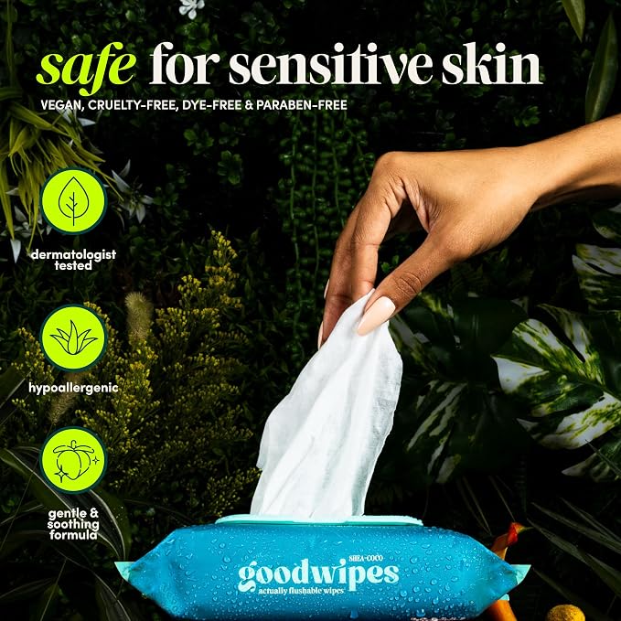 goodwipes Flushable Butt Wipes - Extra Large Adult Wet Wipes For Women & Men - Bathroom Essentials - Sewer & Septic Safe - Shea Coco & Botanical Bliss, 300 Count (6 Packs)