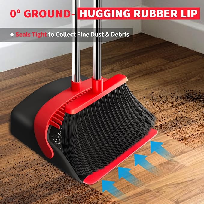 Broom with Dustpan Combo Set, Dust Pans with Long Handle for Upright Sweeping, Standing Broom and Dustpan Set with Self-Cleaning Teeth for Home, Kitchen & Office Floors(Red & Black)