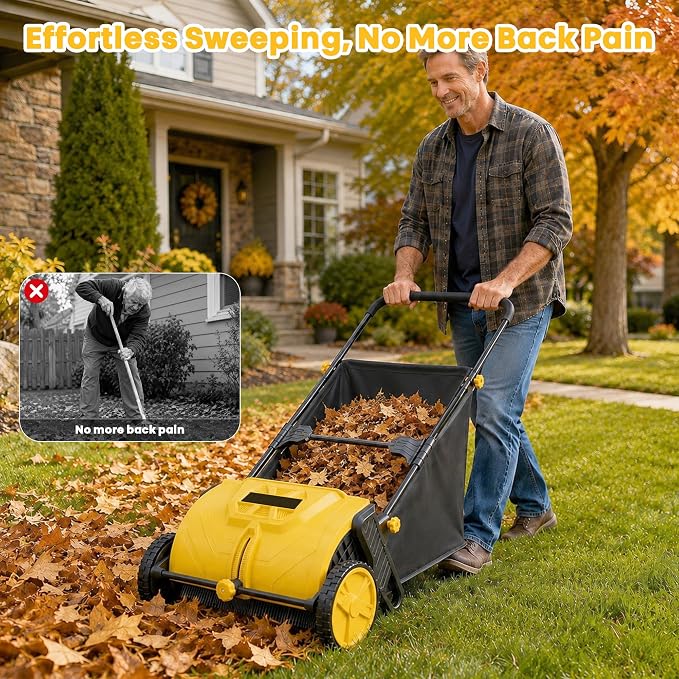 22-Inch Push Lawn Sweeper, Leaf & Grass Collector for Clippings, Wet Leaves & Twigs with 3.5 Ft³ Hopper Bag, 10-Inch All-Terrain Wheels, Adjustable Sweeping Height, Leaf Sweeper for Lawn, Yard, Garden