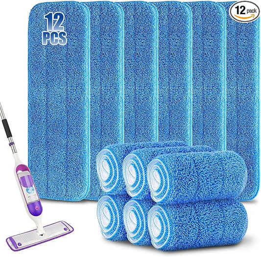 12Pack Microfiber Mop Pads, Reusable and Washable Spray Mop Pads, Blue | 18.5 x 6.3 Inch, Wet and Dry Household Mop Pad Replacement, Set of 12(Blue)