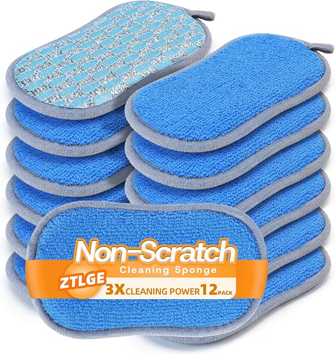 Multi-Purpose Scrub Sponges Kitchen – 12 Pack Dish Sponge, Dual-Sided Non-Scratch Microfiber & Metal Scrubber, Reusable Sponges for Dishes, Pots, Glass, Sink, Stovetop & Bathroom (Blue)