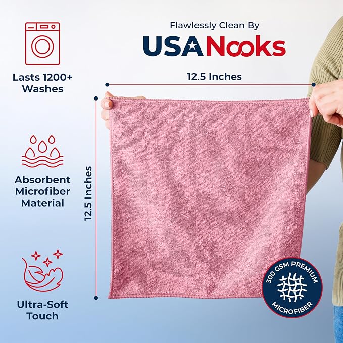 USANOOKS Microfiber Cleaning Cloth Light Pink - 24 Pcs 12.5"x12.5" - High Performance - 1200 Washes, Ultra Absorbent Towels Weave Grime & Liquid for Streak-Free Mirror Shine - Car Washing Cloth
