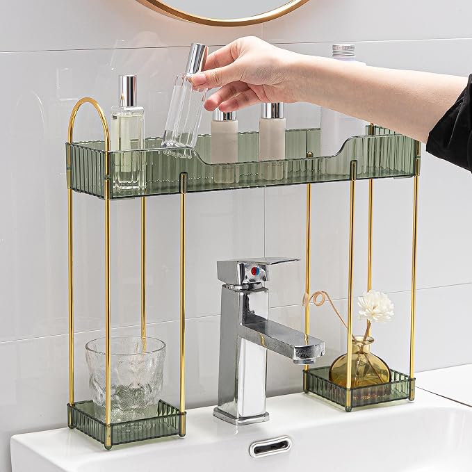 YCIA&DONE Bathroom Countertop Organizer Over The Faucet, Narrow Counter Organizers Above Sink, Table Mounted Faucet Sink Shelf for Kitchen, Toilet, Laundry(Vintage Green)