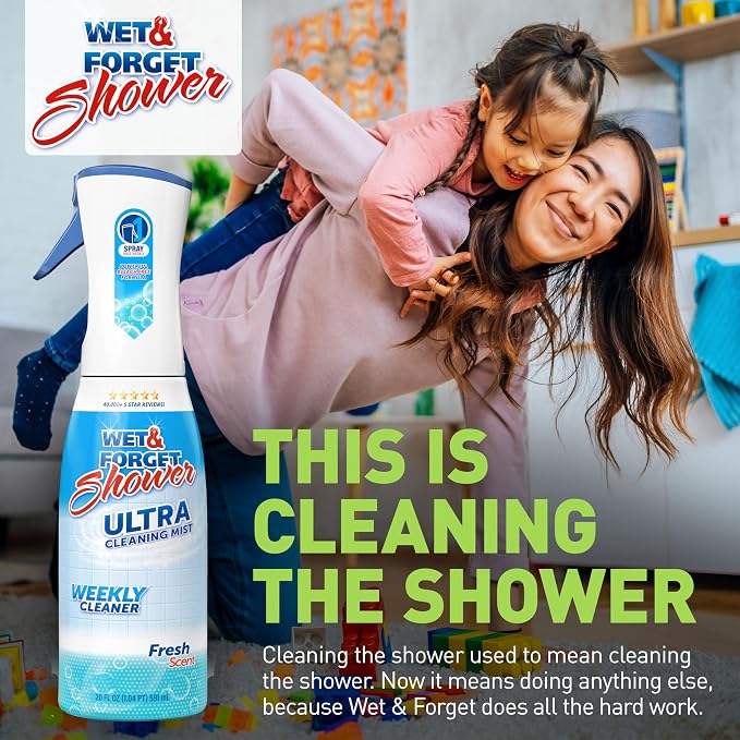WET & FORGET Shower Ultra Cleaner Mist Fresh Scent No-Scrub Weekly Bathroom Spray for Fiberglass, Tile, Glass, Grout & More, 1 Spray and 1 Refill, 20oz each