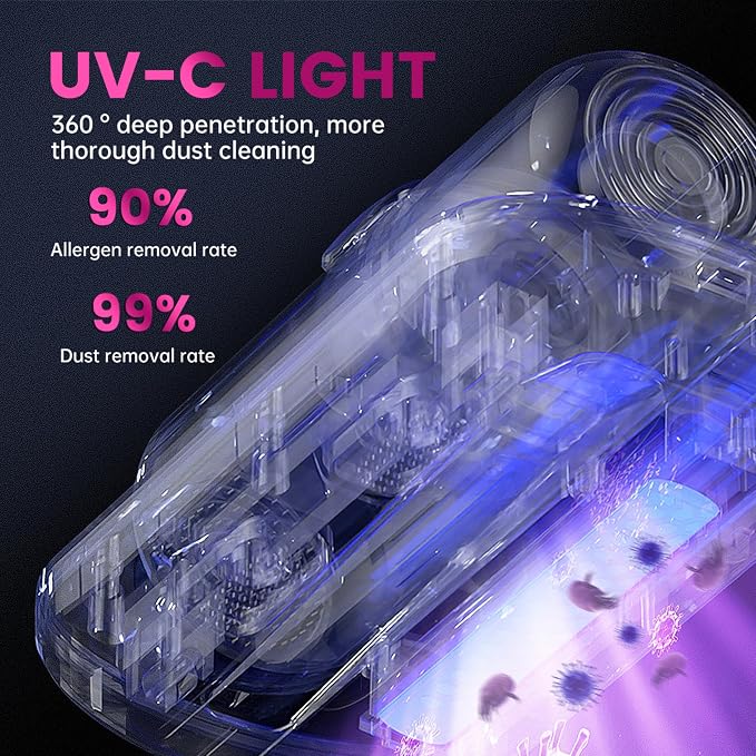 PATO Mattress Vacuum Cleaner, Wireless Handheld Bed Vacuum Cleaner with UV-C Light, HEPA Filter and Ultrasonic Vibration, 12KPa, Suitable for Beds, Sofas, Car Seats, Carpets (Purple)