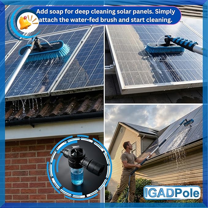 IGADPole 20 FT Water-Fed Washing Kit with Soap-Dispenser, Brush, 10″ Squeegee & Cobweb Duster for Windows, Gutters, Solar Panels & Exterior Walls