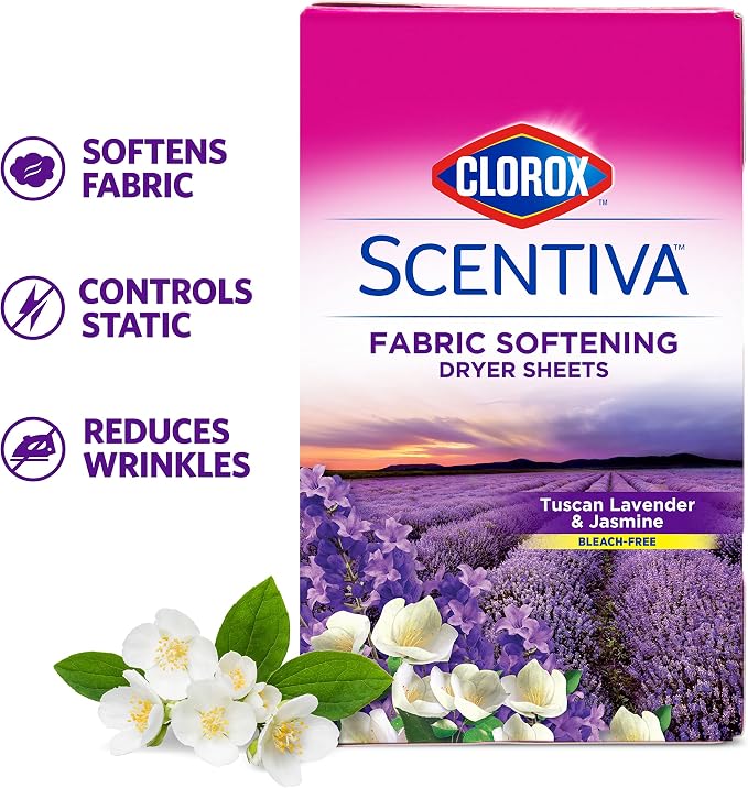 Clorox Scentiva Fabric Softening Dryer Sheets | Fabric Sheets in Tuscan Lavender & Jasmine | 40 Count Dryer Sheets That Reduce Wrinkles and Reduce Static Cling (Pack of 2)