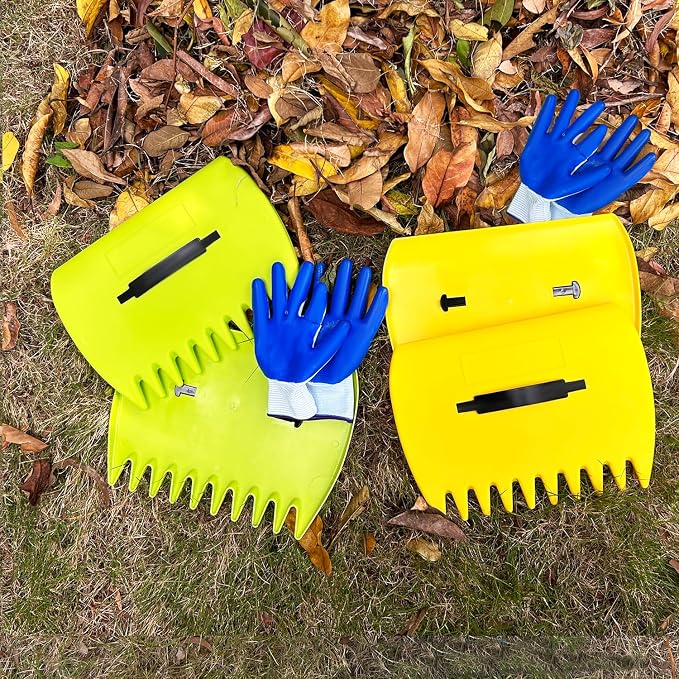 Leaf Scoops Hand Rakes, Leaf Scoops and Claws with Gloves, Lightweight Plastic Leaf Scoop, Large Leaf Grabbers for Picking Up Leaves, Clippings, Grass(1 Set, Yellow)