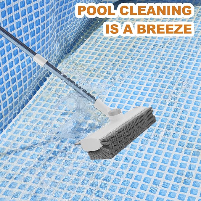 Floor Scrub Brush with Long Handle 3 in 1 Heavy Duty Stiff Bristle Scrubber Brush with Scraper V-Shaped Double-Sided Cleaning Brushes for Pool Tile, Grout,Crevices,Shower,Bathroom,Wall,Patio (White)