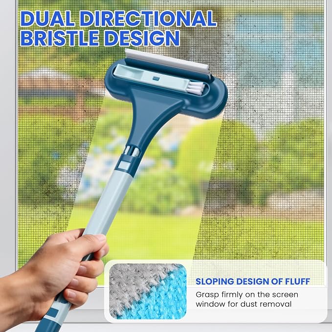 3-in-1 Screen Brush, Squeegee, Pet Hair & Crevice Tool, Cyan Blue | Wipes glass streak-free. Lifts hair from sofas & rugs, rinse & reuse, no refills. Detach for window tracks. Lightweight.