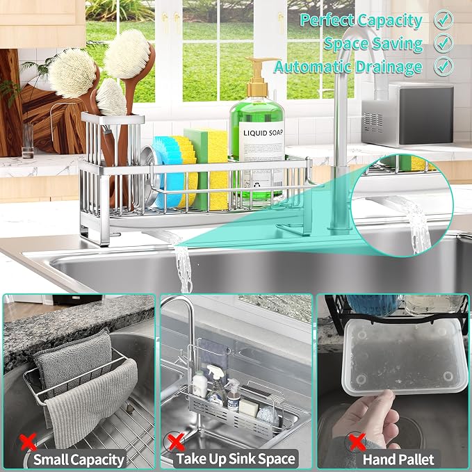 HapiRm Sponge Holder for Kitchen Sink - Self-draining Sink Caddy with Brush Holder and Dishcloth Holder, Stainless Steel Kitchen Organizer - Silver