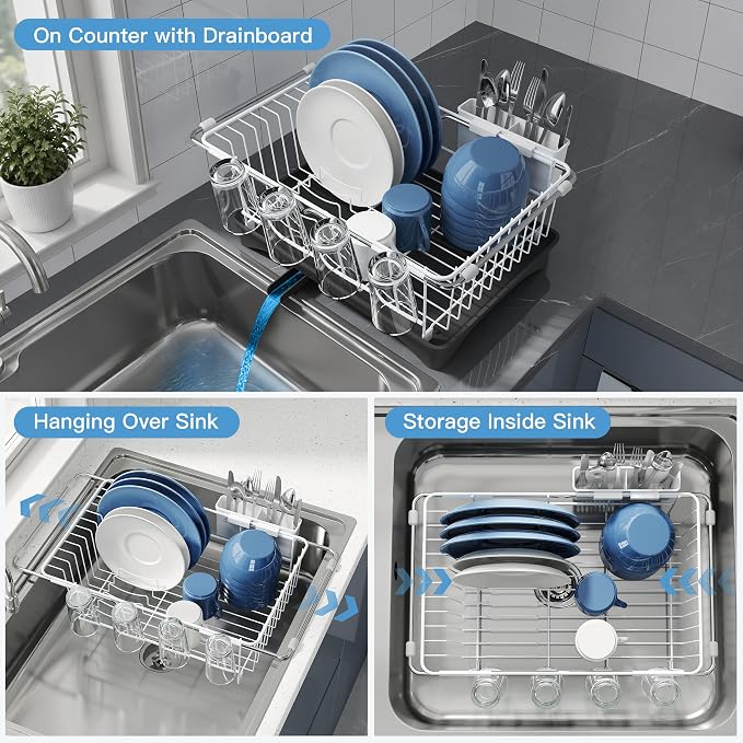 JASIWAY Dish Drying Rack in Sink, Expandable Stainless Steel Dish Drainers with Drainboard for Kitchen Counter, Space Saving Dish Dryer Rack, Over The Sink Dish Racks with Utensil Holder & Cups Holder