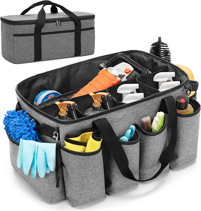 HODRANT Detailing Bag with Polisher Carry Bag for Buffer Bottle Towel | Large Detail Care Box for Auto Detailing Supplies, Car Wash Caddy & Trunk Organizer for Cleaning Kit, Gray, Patent Design