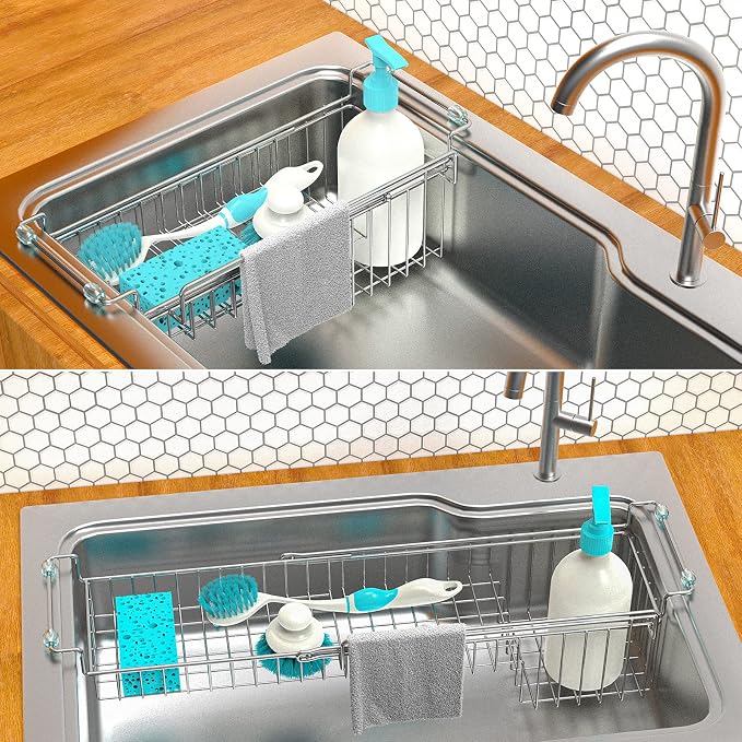 Over the Sink Caddy, Expandable Stainless Steel Sponge Holder for Kitchen Sink, 14.5-22 in Sink Organizer Rack for Sponge, Soap, Brush, Dish Cloth and Rag, Rust-Resistant Drying Holder