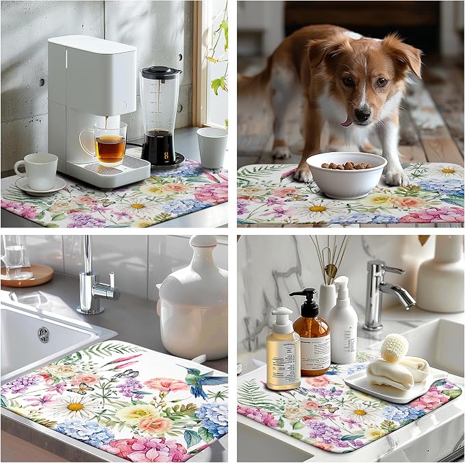 Spring Floral Birds Dish Drying Mat Summer Butterfly Flowers Kitchen Dish Drying Pad Daisy Absorbent Dish Dryer Mat for Kitchen Countertops Microfiber Dishes Drainer Pad (18x24 in)