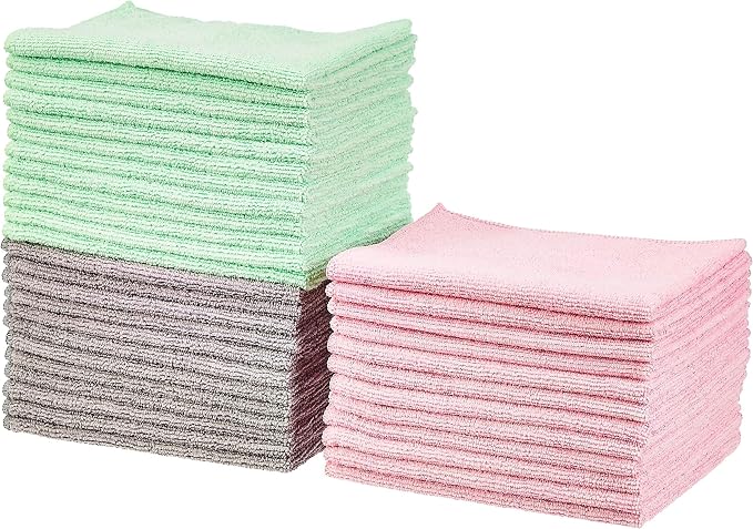 Amazon Basics Microfiber Cleaning Cloths, Ultra Absorbent, Scratch Free, Non-Abrasive, Reusable and Washable, All-Purpose, Car Detailing, 16" x 12", Green/Gray/Pink (Pack of 288)