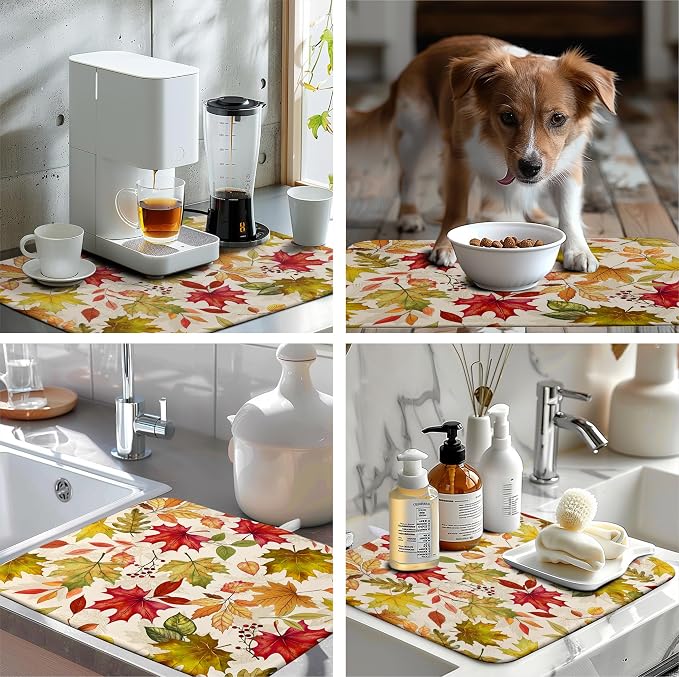 Fall Maple Leaves Dish Drying Mat for Kitchen Counter 18 x 24 Inch Autumn Thanksgiving Absorbent Reversible Microfiber Dish Draining Mat Washable Dish Drainer Rack Mat for Coffee Bar