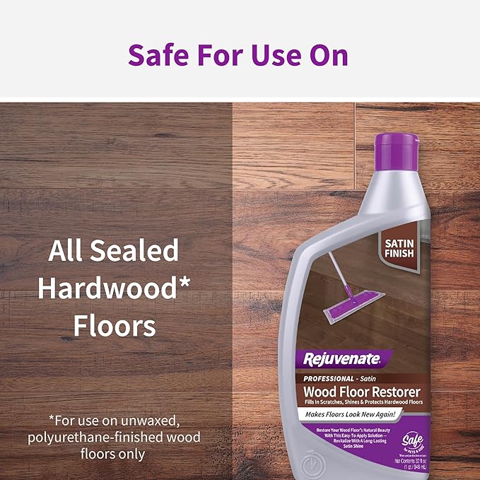 Rejuvenate Professional Wood Floor Restorer Fills Scratches, Shines And Protects Wood Flooring For A Matte Satin Shine, 32 Ounces | 1-Coat Application Fills Scratches, Shines & Protects Hardwood Floors, Leaves A Satin Finish, Safe For Pets & Kids