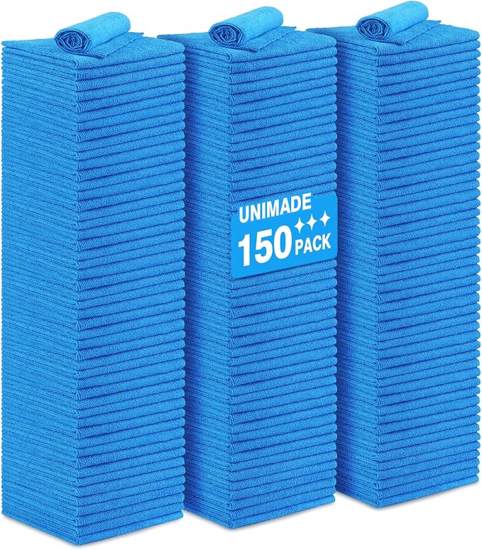UNIMADE Shop Towels Rags, 150 Pack Reusable Shop Rags Bulk Microfiber Cleaning Cloth Lint Free Cleaning Towels for Car Kitchen Automotive Bar Mechanic Restaurant Garage, 11.5"x 11.5", Blue