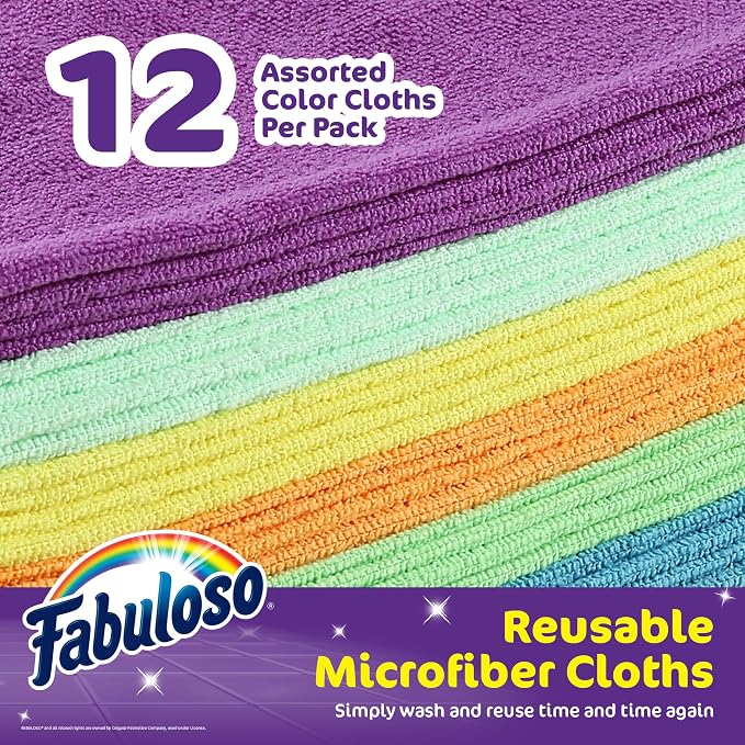 Fabuloso Microfiber Cleaning Cloths for Home & Car, Lint-Free Scratch-Free Rags for Glass, Kitchen & Wood, Reusable Machine Washable, Absorbent for Dusting & Wiping, Rainbow, 13 x 13 in, 12 Count