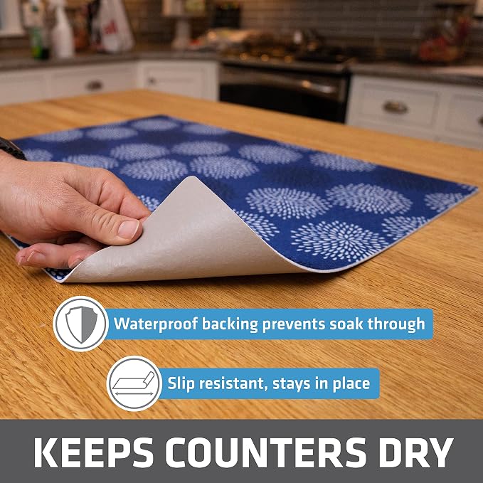 Drymate Jumbo XL Dish Drying Mat (19”x24”), Low-Profile, Super Absorbent, Quick Dry Fabric, Waterproof & Slip-Resistant, for Kitchen Counter, Trimmable, Easy to Clean (USA Made)(GoodBlue)