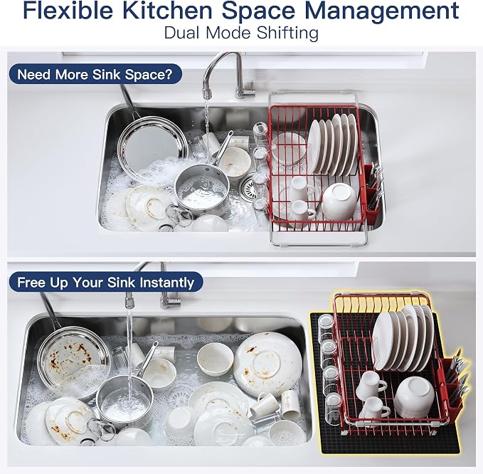 JASIWAY Red Dish Drying Rack in Sink with Mat, Expandable Stainless Steel Dish Drainers for Kitchen Counter, Space Saving Dish Dryer for Inside Sink, Over Sink Dish Racks with Utensil Holder