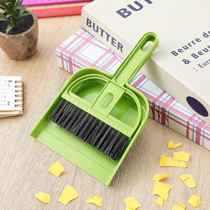 SEWACC 6 Sets Mini Broom and Dustpan Set, Small Brush and Shovel Combination for Desktop Cleaning, Home Office Use, Green Plastic