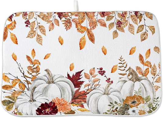 Fall Dish Drying Mat 18x24 Inches For Kitchen Counter Orange White Pumpkin Leaves Kitchen Decor Drying Mat Decorative Autumn Thanksgiving Drying Pad for Home Kitchen,Dining Room Decoration