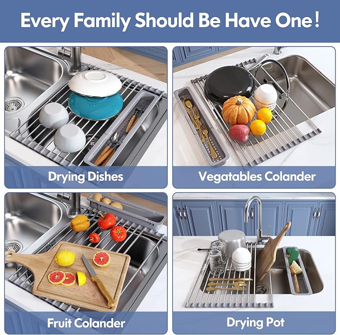 JASIWAY Roll Up Dish Drying Rack, Expandable (12.8"-23.8" D x 15.5" W) Stainless Steel Portable Drainer for Kitchen Sink Counter, Foldable Over The Sink Cover with Removable Utensil Holder, Gray