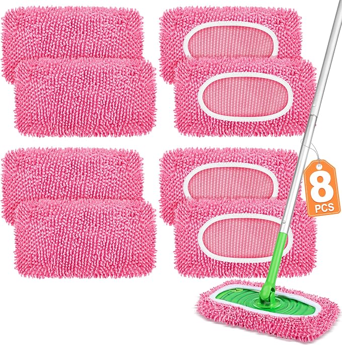 8 Pack Reusable Mop Pads Compatible with Swiffer Sweeper, Dry Sweeping Cloths & Wet Mopping Cloths - Microfiber Mop Pads for Hardwood Floors, Floor Cleaning, Wood Floors (Pink)