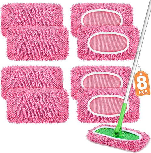 8 Pack Reusable Mop Pads Compatible with Swiffer Sweeper, Dry Sweeping Cloths & Wet Mopping Cloths - Microfiber Mop Pads for Hardwood Floors, Floor Cleaning, Wood Floors (Pink)