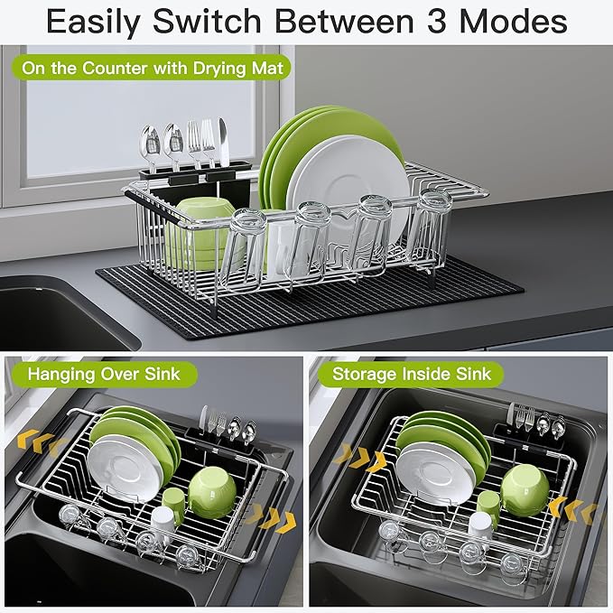 JASIWAY Dish Drying Rack in Sink with Mat, Expandable Stainless Steel Dish Drainers for Kitchen Counter, Space Saving Dish Dryer Rack for Inside Sink, Over Sink Dish Racks with Utensil Holder