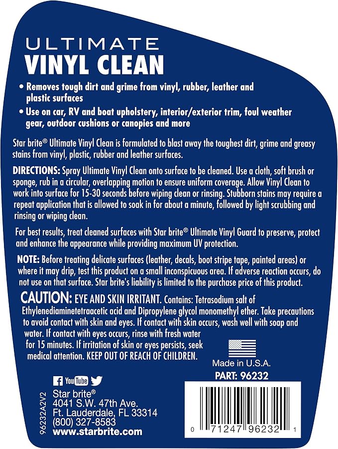 STAR BRITE Ultimate Vinyl Clean Multi-Surface Cleaner | Spray for auto, RV and boat upholstery, cleans rubber, leather, plastic, interior and exterior trim, wipe or rinse clean