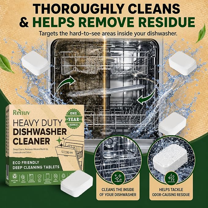 Renuv® Heavy Duty Dishwasher Cleaner & Deodorizer, Descaler, 12 XL Tablets | Deep Cleaning, Natural Odor & Smell Remover, Calcium, Limescale, Hard Water Marks, Grease Remover, Septic Safe