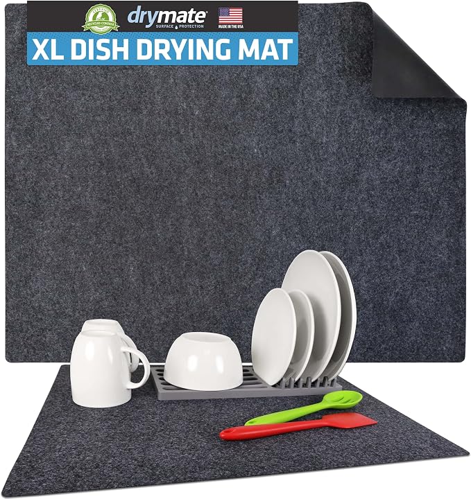 Drymate Jumbo XL Dish Drying Mat (19”x24”), Low-Profile, Super Absorbent, Quick Dry Fabric, Waterproof & Slip-Resistant, for Kitchen Counter, Trimmable, Easy to Clean (USA Made)(Charcoal)
