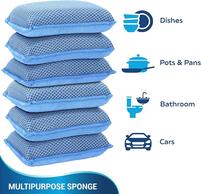 Miracle Microfiber Kitchen Sponge by Scrub-It (6 Pack) - Non-Scratch Heavy Duty Dishwashing Cleaning sponges- Machine Washable - (Blue)
